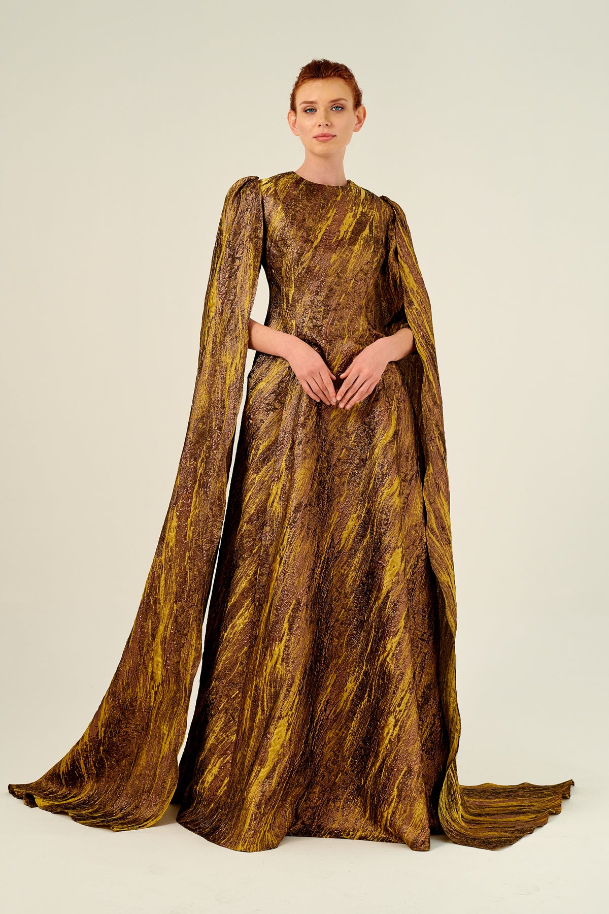 Crew Neckline With Removable Cape Sleeves Detail Long Jacquard Dress John Paul Ataker Crew Neckline With Removable Cape Sleeves Detail Long Jacquard Dress John Paul Ataker
