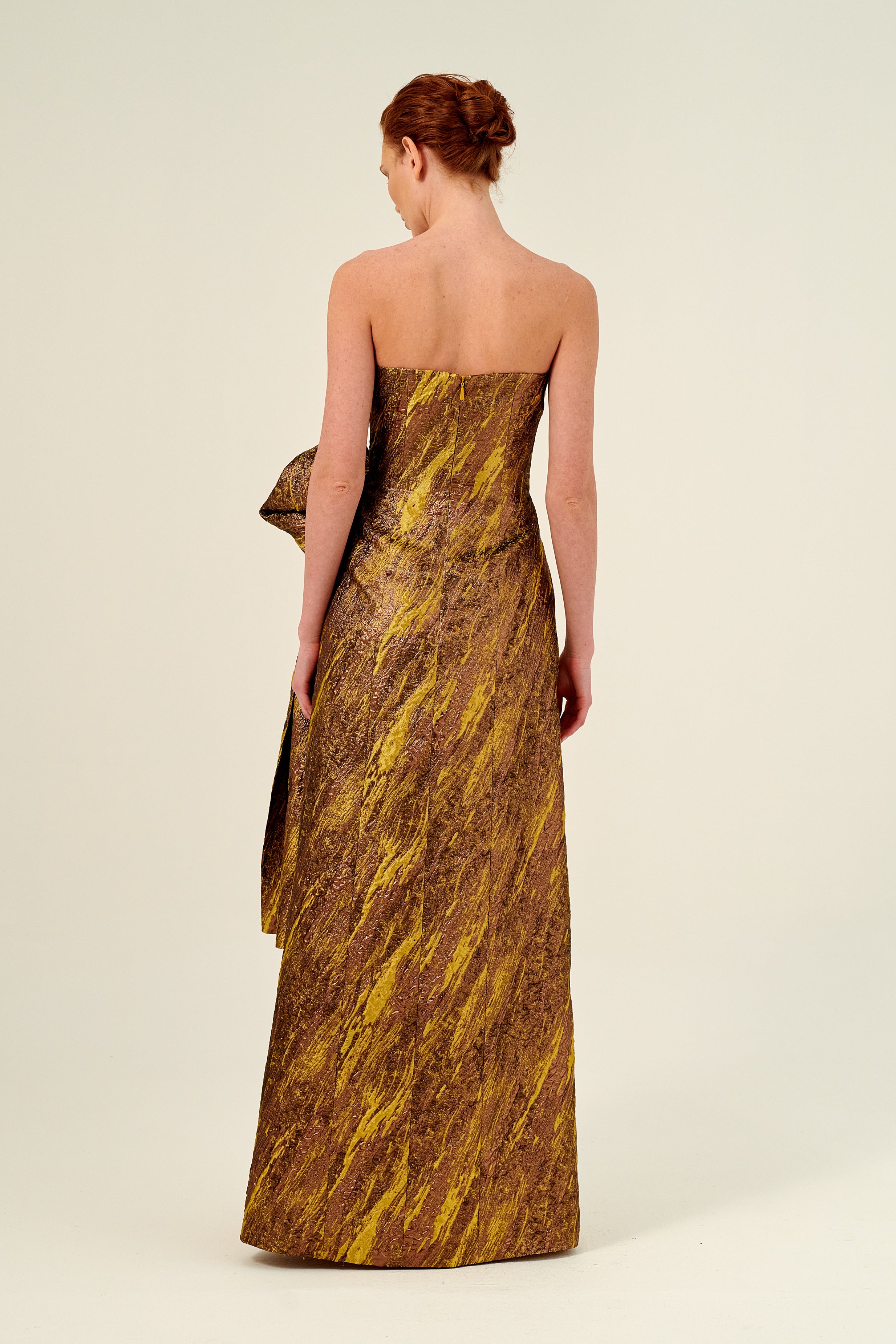 Bow Detail Strapless Full-Length Jacquard Dress