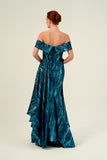 Pleated Bodies Off-The-Shoulder Neckline Long Jacquard Dress