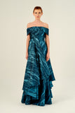 Pleated Bodies Off-The-Shoulder Neckline Long Jacquard Dress