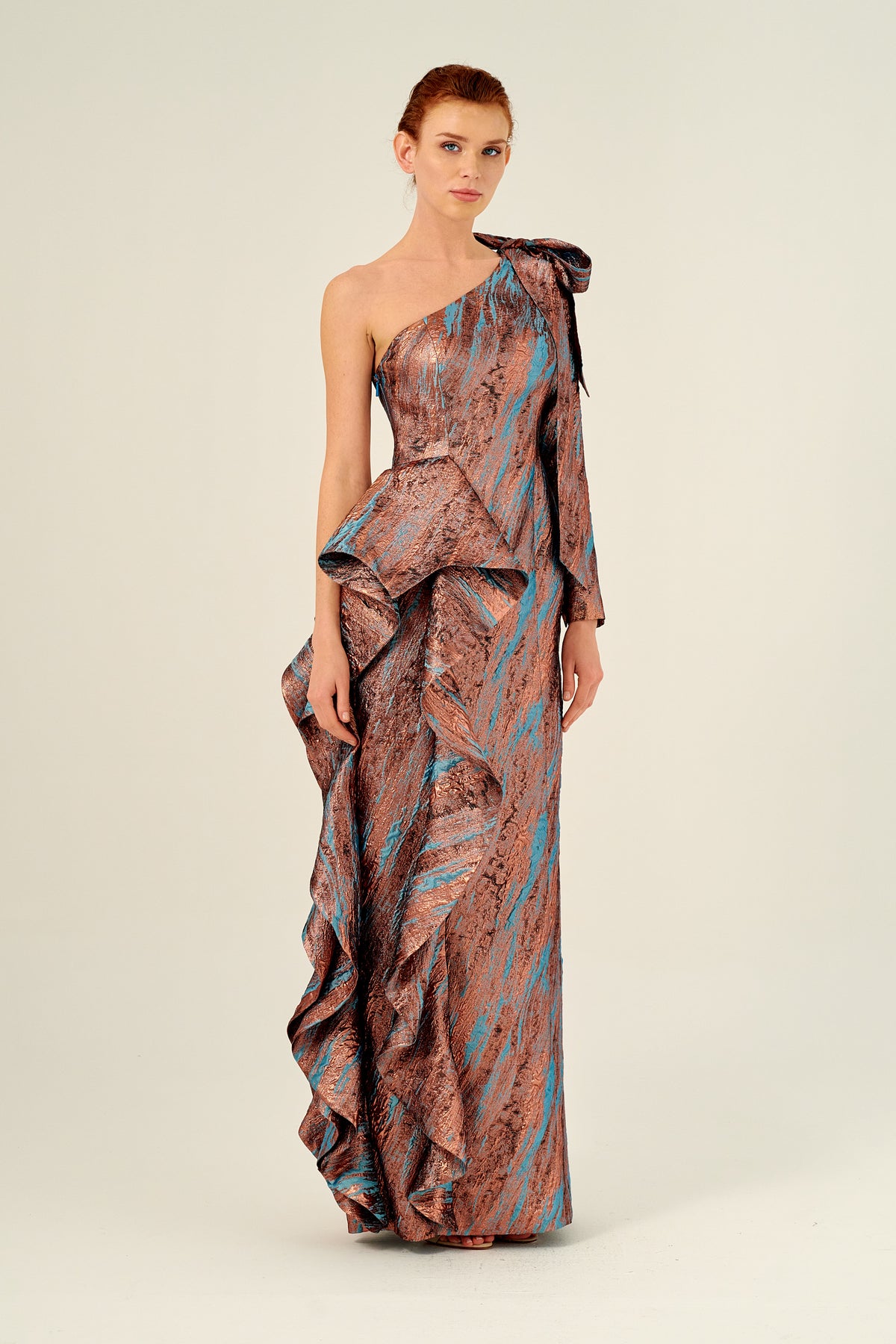 One Long Sleeve Shoulders and Ruffled Column Jacquard Dress Bronze One Long Sleeve Shoulders and Ruffled Column Jacquard Dress Bronze