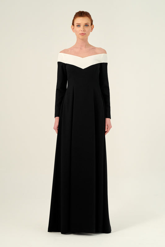Portrait Neckline Long Sleeve Floor Length Dress