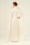 Cape-Sleeves High Neck Floor Sweeping Soft Woven Dress