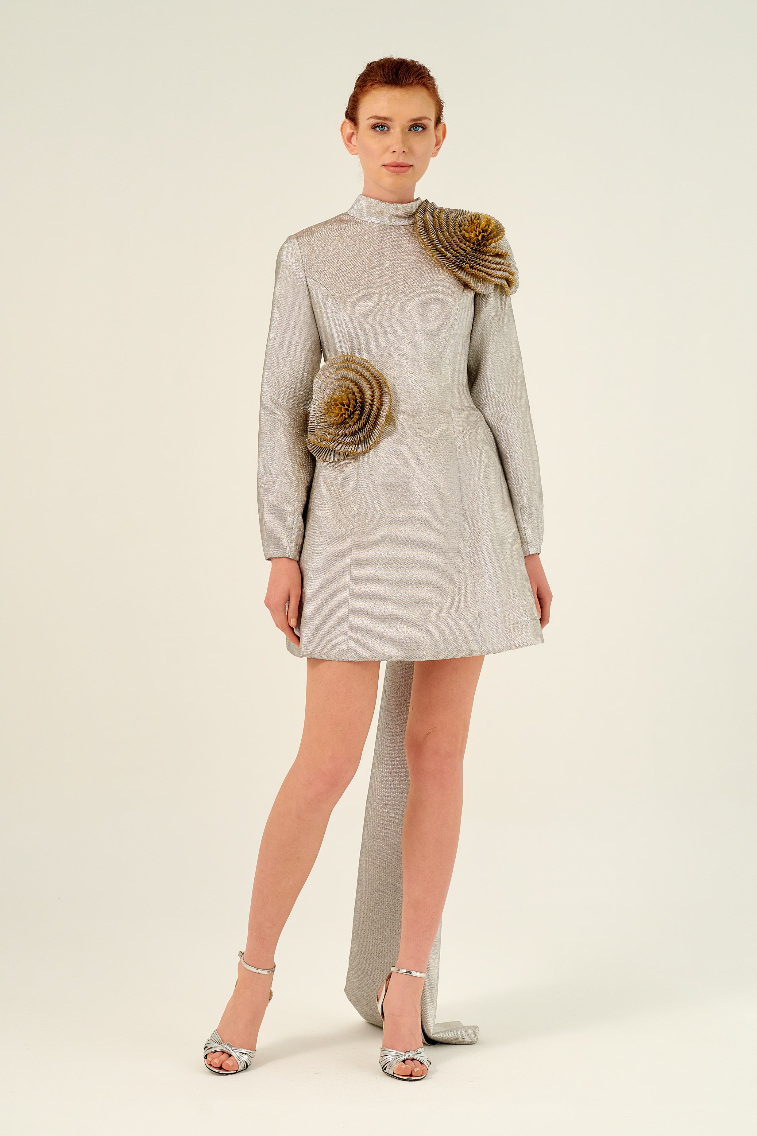 Turtle Neckline Three-Dimensional Flowers Long Sleeve Mini Dress John Paul Ataker Turtle Neckline Three-Dimensional Flowers Long Sleeve Mini Dress John Paul Ataker