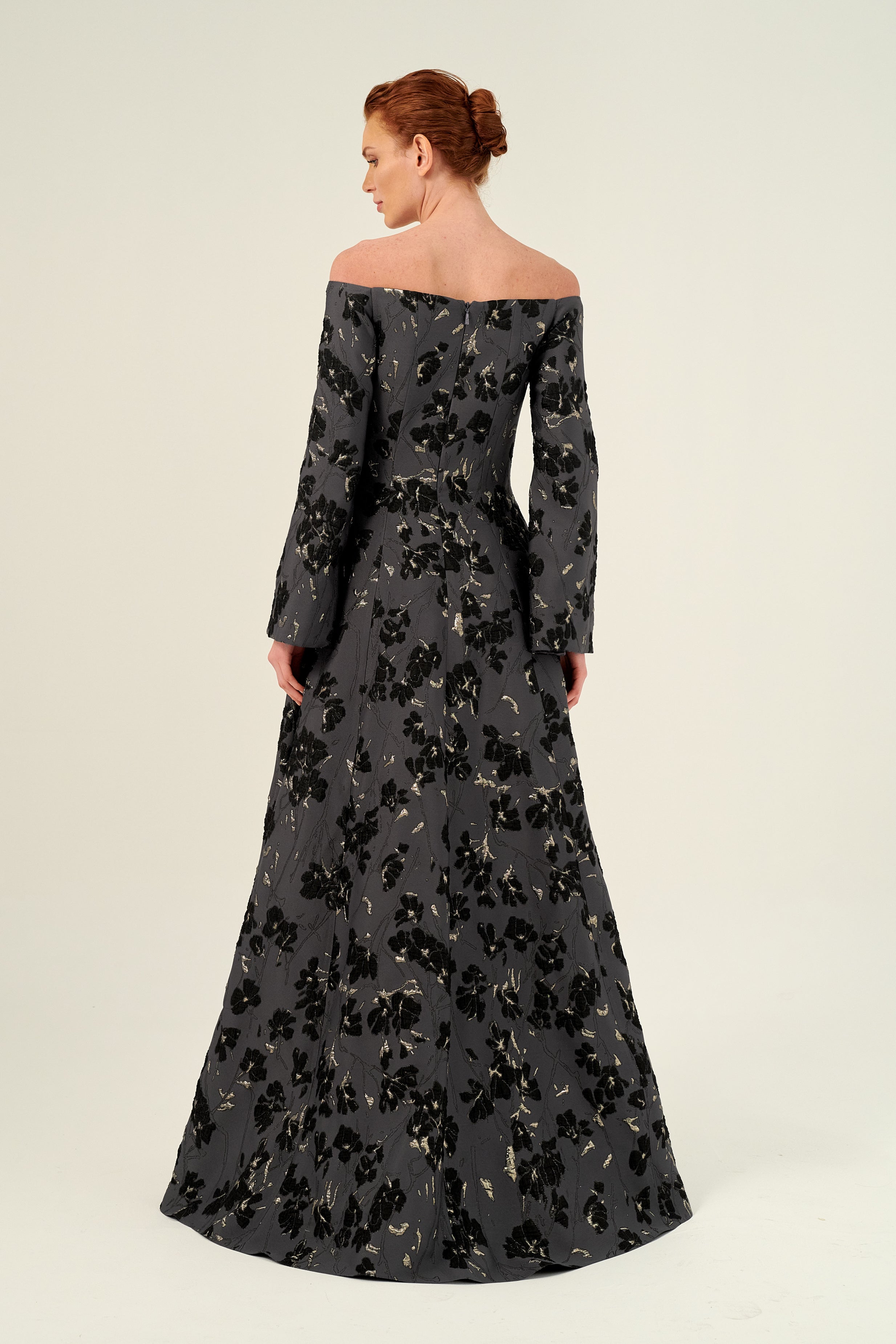Portrait Neckline Long Sleeve Floral Jacquard Ball Gown John Paul Ataker Portrait Neckline Long Sleeve Floral Jacquard Ball Gown John Paul Ataker