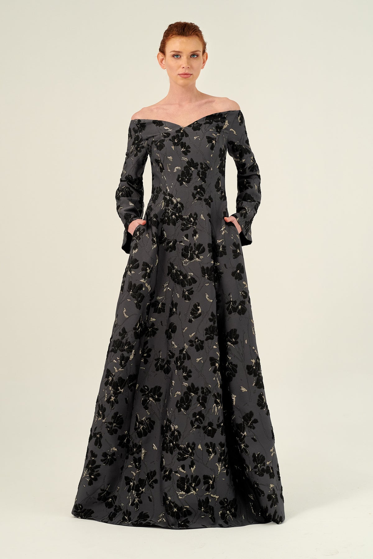 Portrait Neckline Long Sleeve Floral Jacquard Ball Gown John Paul Ataker Portrait Neckline Long Sleeve Floral Jacquard Ball Gown John Paul Ataker