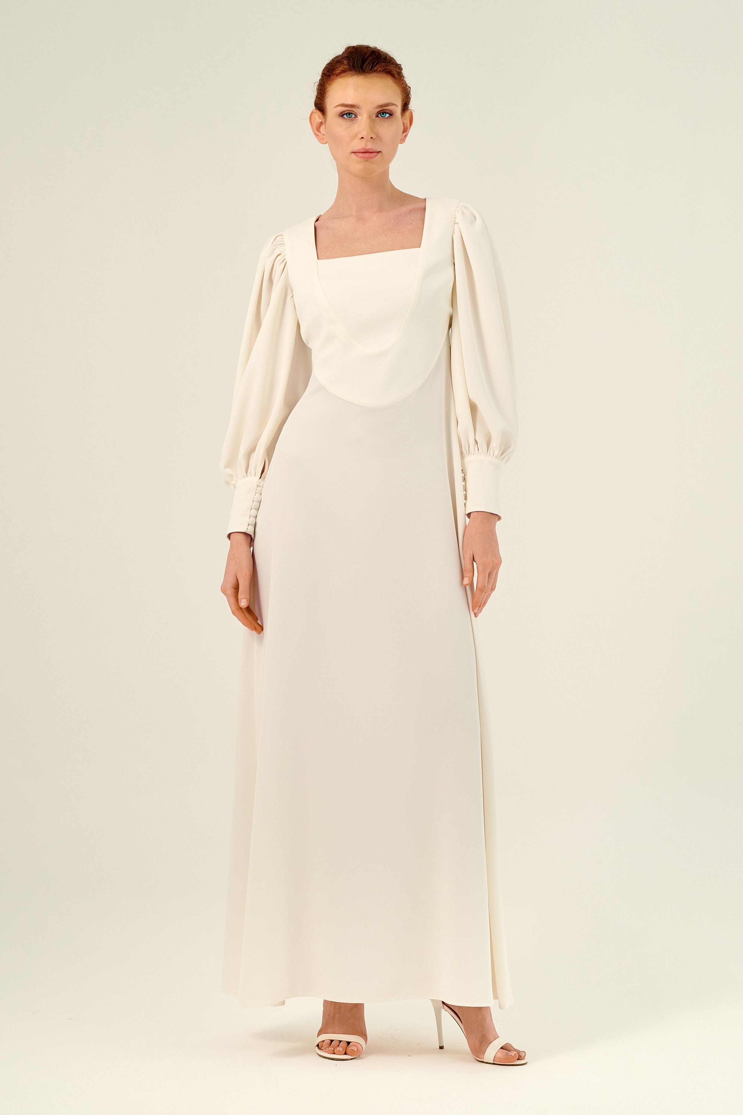 Square Neckline Puffy Long Sleeve Functional Cape Detail Long Dress John Paul Ataker Square Neckline Puffy Long Sleeve Functional Cape Detail Long Dress John Paul Ataker