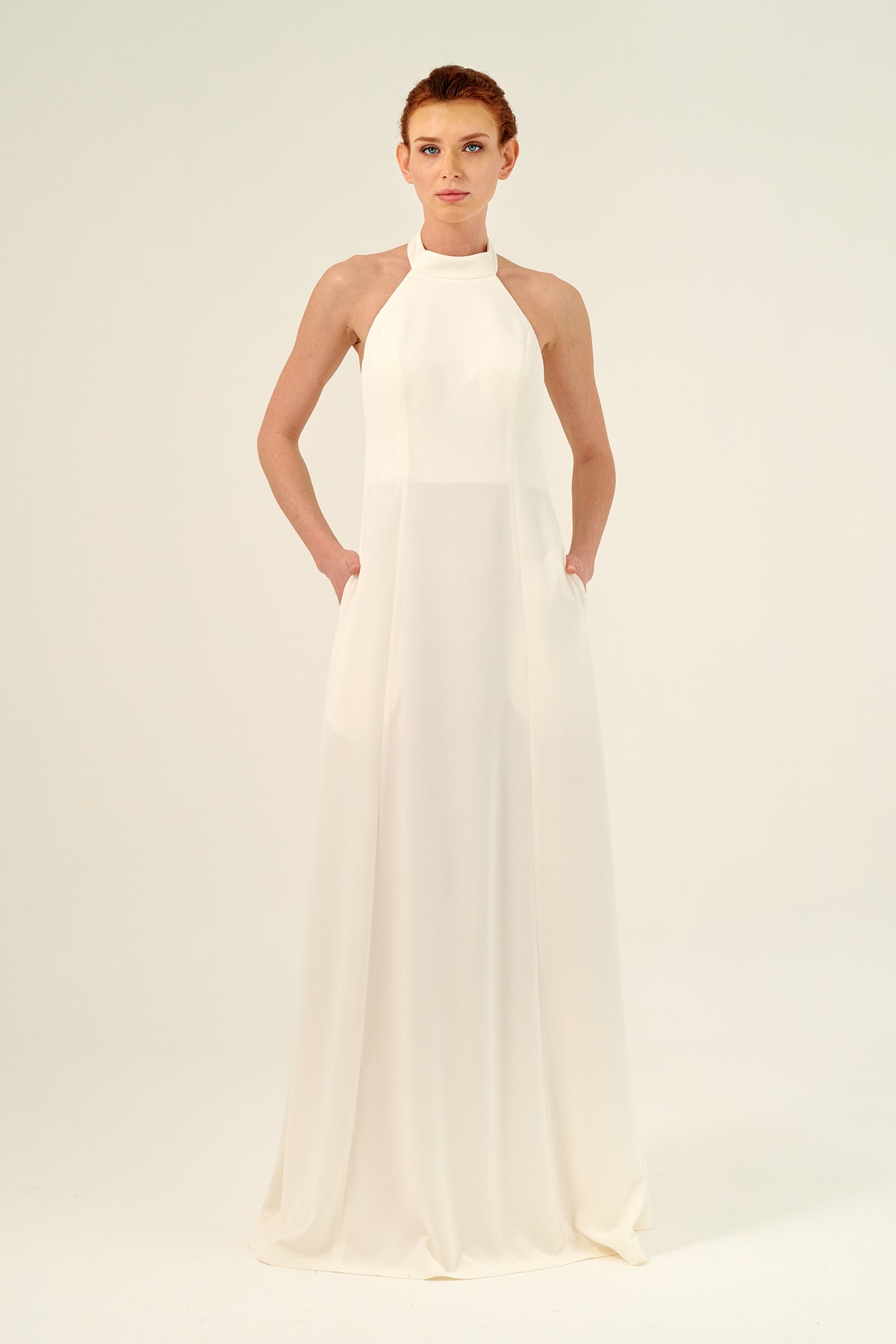 Halter Neckline Pockets Detail Fit and Flare Long Dress