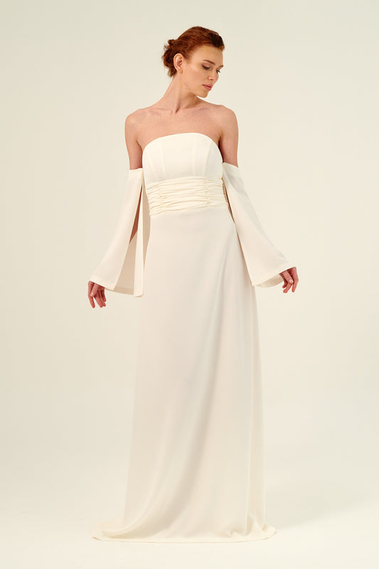 Strapless Pleated Waist with Optional Removable Sleeve Detail Long Dress