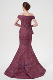 Pleated Peplum Detail Long Off-The-Shoulder Jacquard Dress