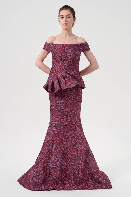 Pleated Peplum Detail Long Off-The-Shoulder Jacquard Dress