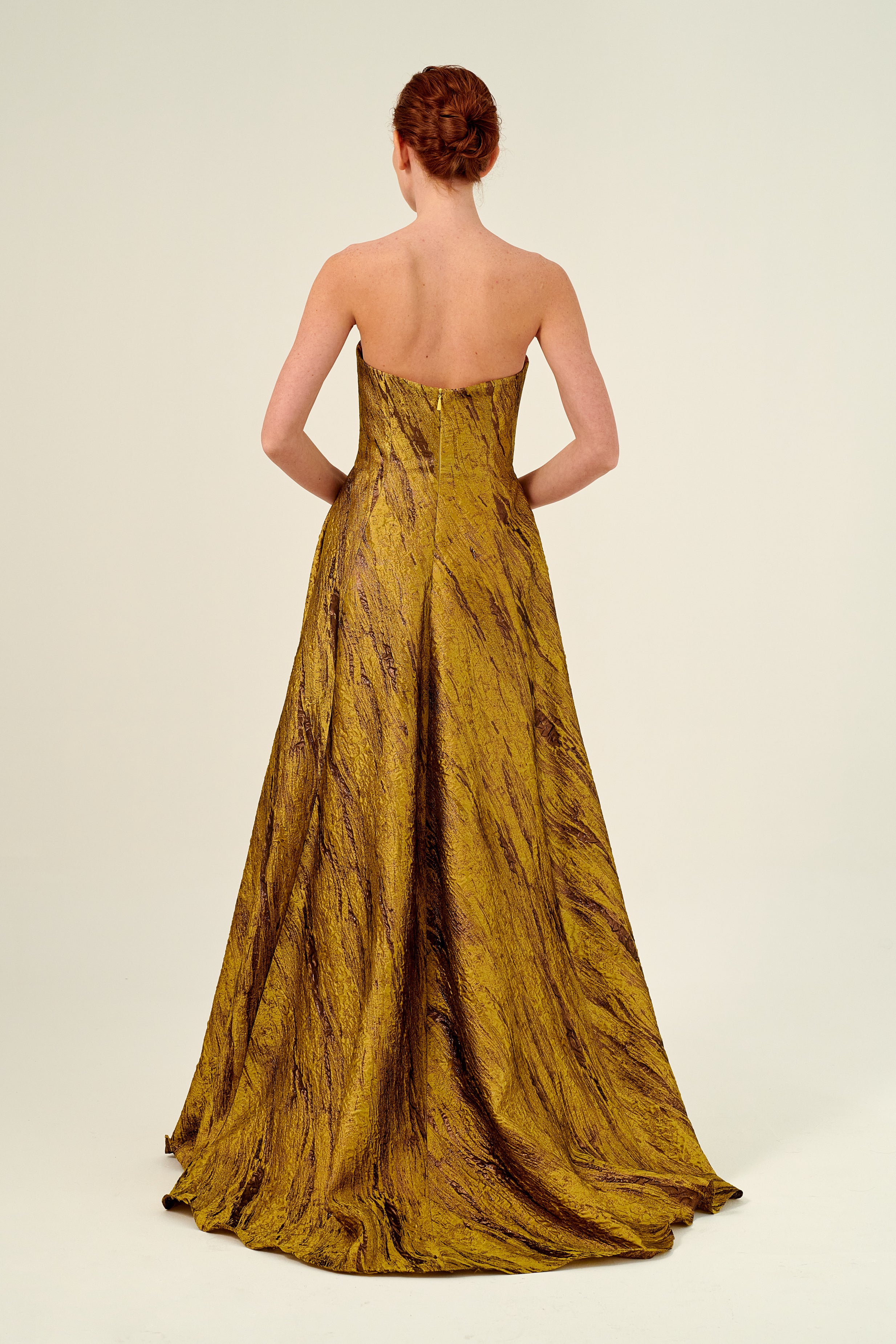 Strapless High-Low Hem Detail Jacquard Dress
