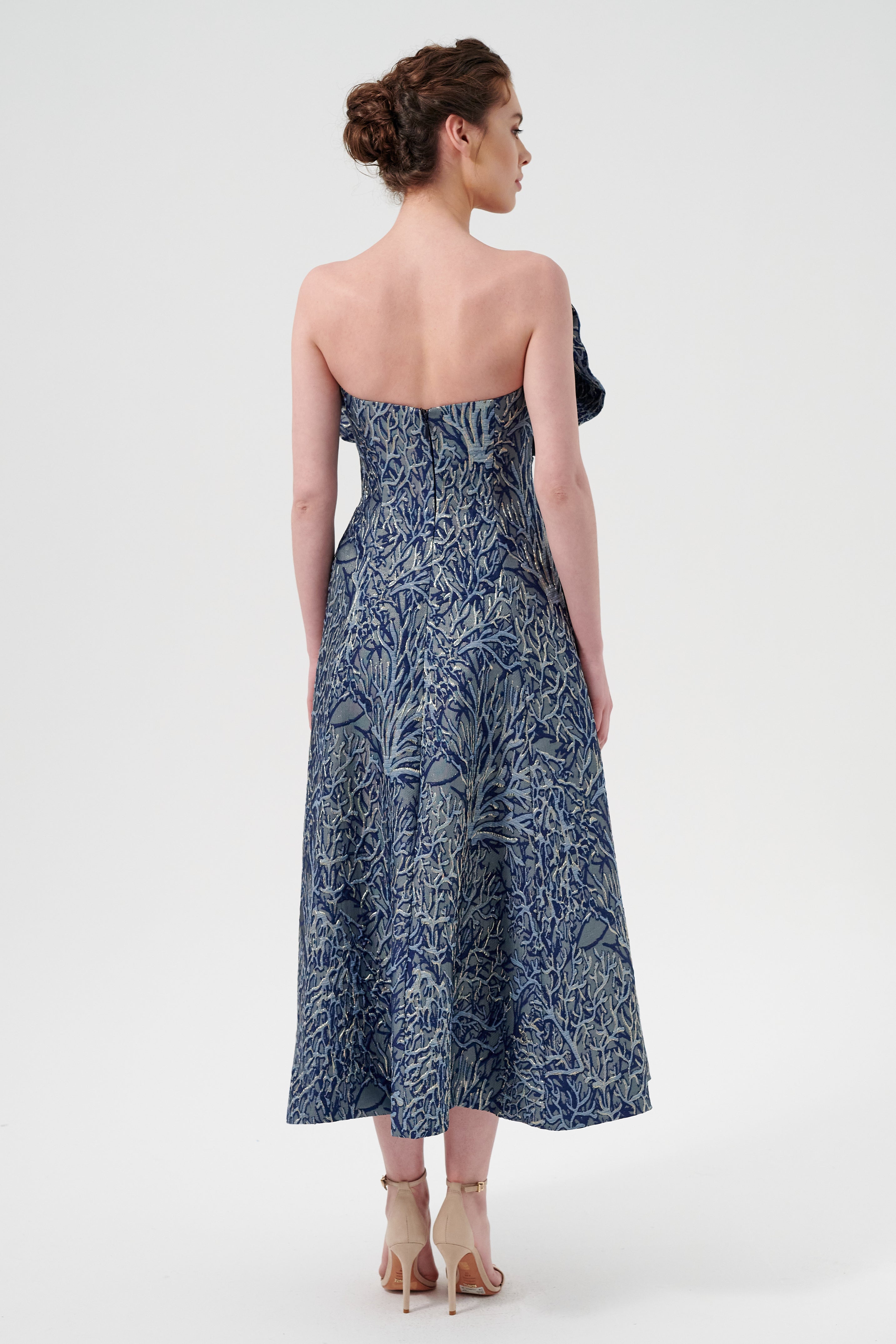 Strapless Neckline Ruffled Fan-Shape Midi Length Dress OIL GREEN Strapless Neckline Ruffled Fan-Shape Midi Length Dress OIL GREEN