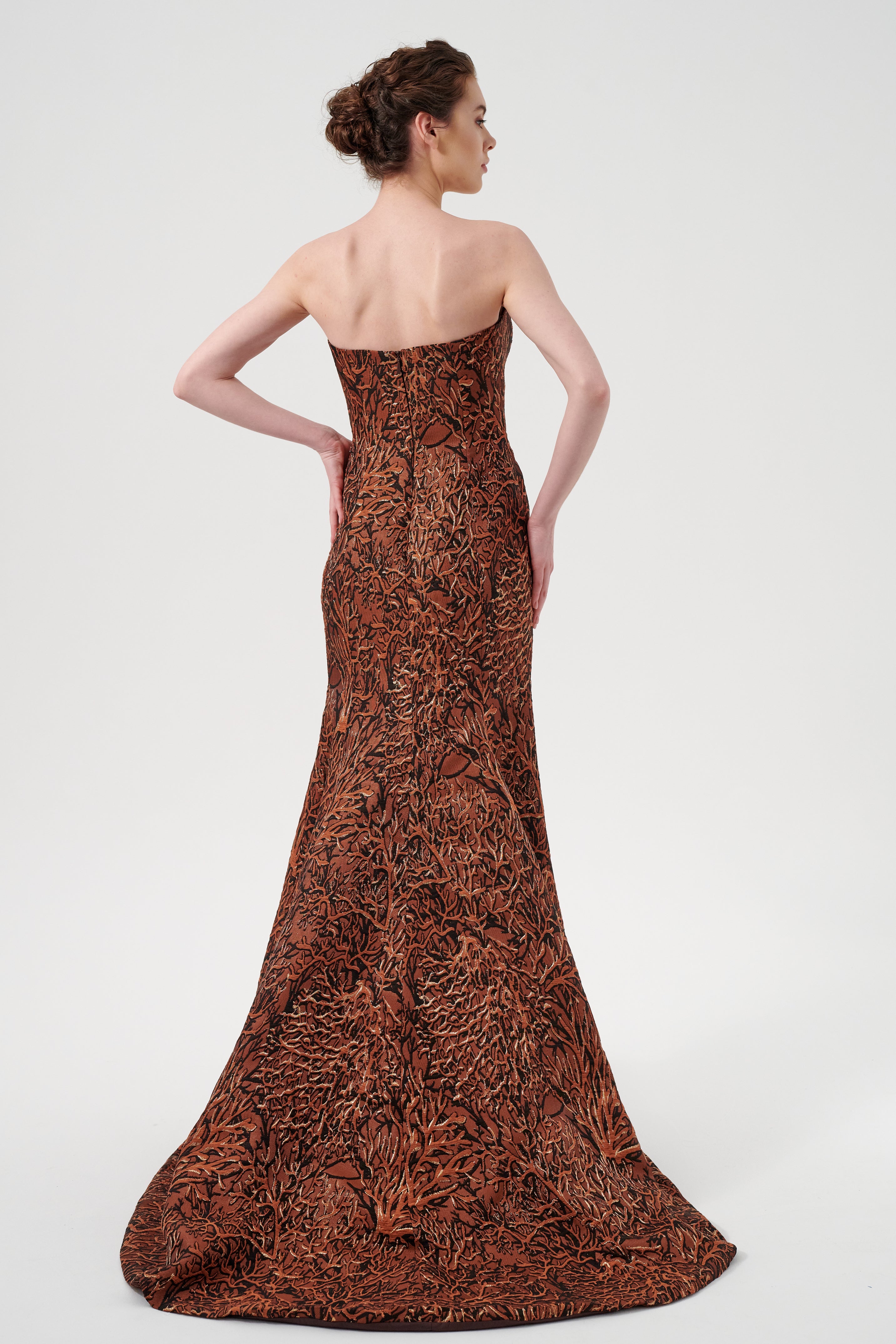 Sweetheart Coral Printed High Low Mermaid Style Jacquard Dress CHARCOAL Sweetheart Coral Printed High Low Mermaid Style Jacquard Dress CHARCOAL