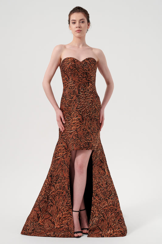 Sweetheart Coral Printed High Low Mermaid Style Jacquard Dress
