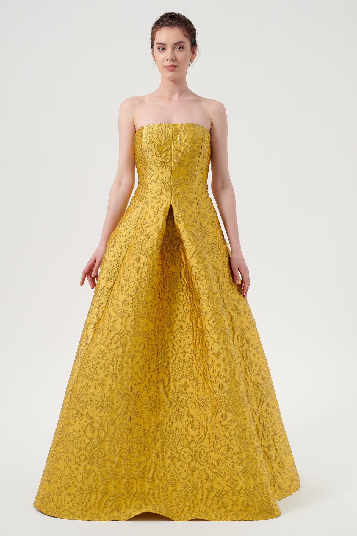 Strapless Textured Floral Print Jacquard Floor-Length Dress