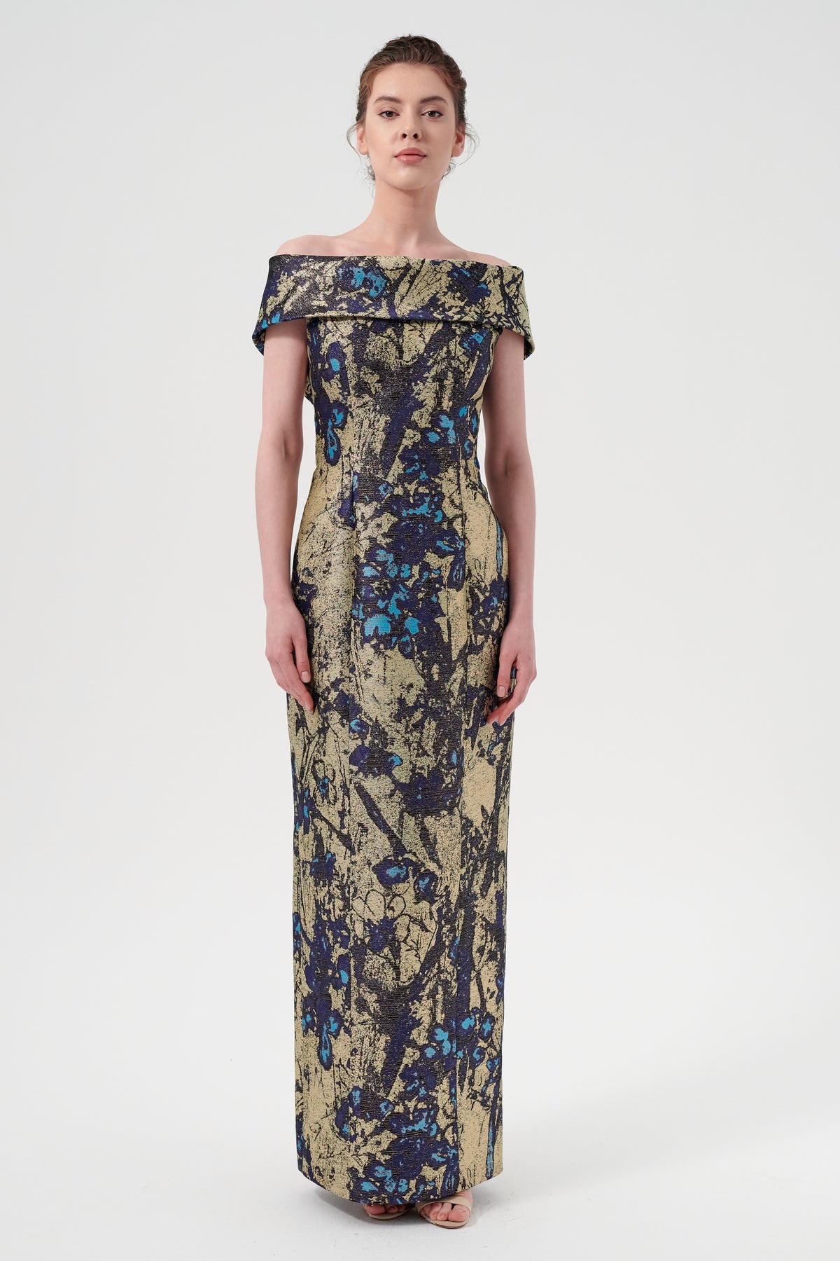 Column Silhouette Off-The-Shoulder Metallic Jacquard Dress