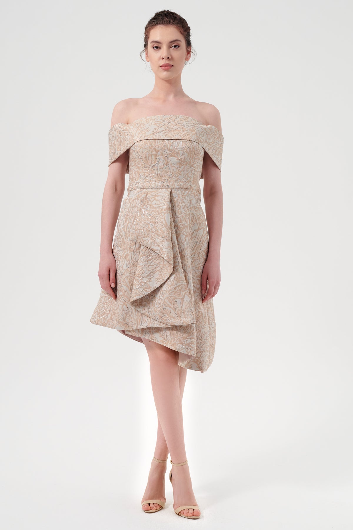 Folded Straight Off The Shoulder Neckline Short Jacquard Dress