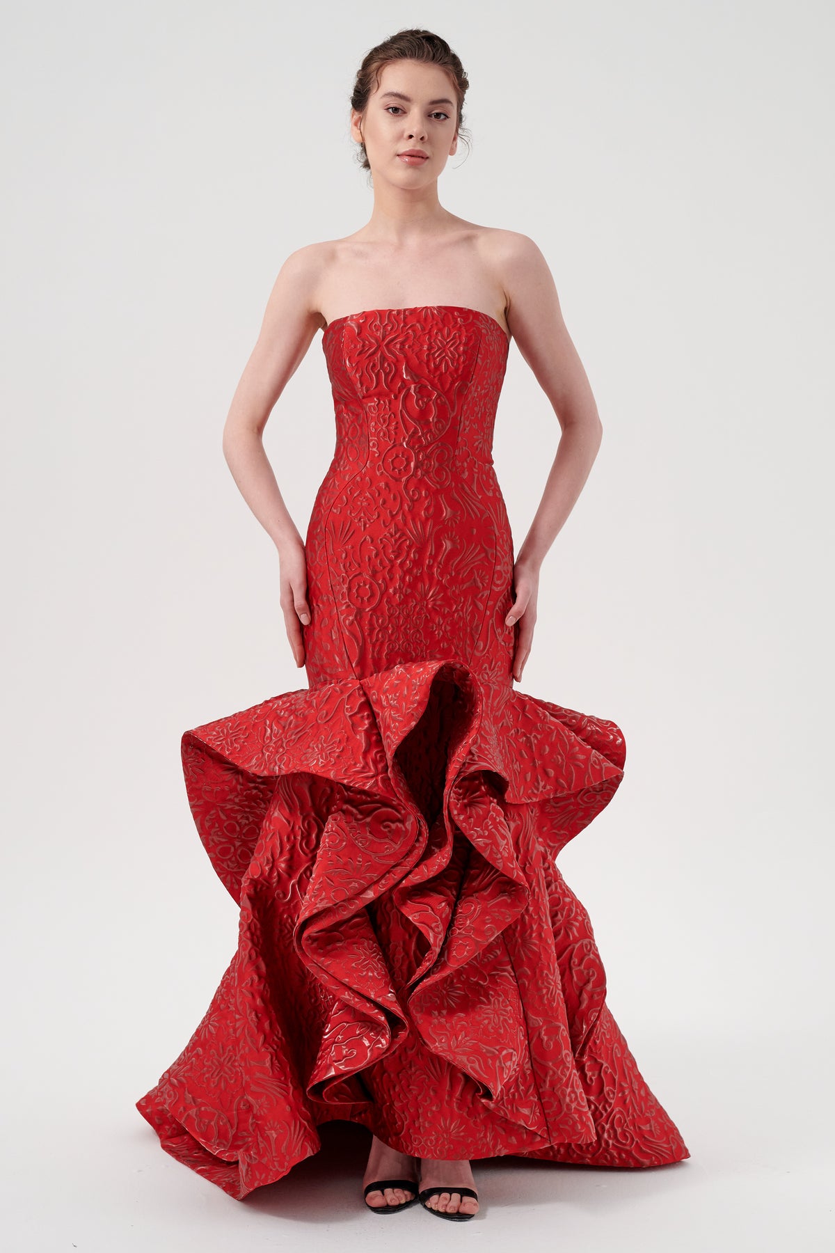 Ruffled Skirt Detail Long Mermaid Strapless Dress