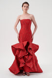 Ruffled Skirt Detail Long Mermaid Strapless Dress