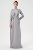 Long Sleeve Now Neckline Detail Long Soft Woven Dress
