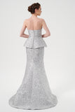 Peplum Detail Jacquard Long Strapless Gown