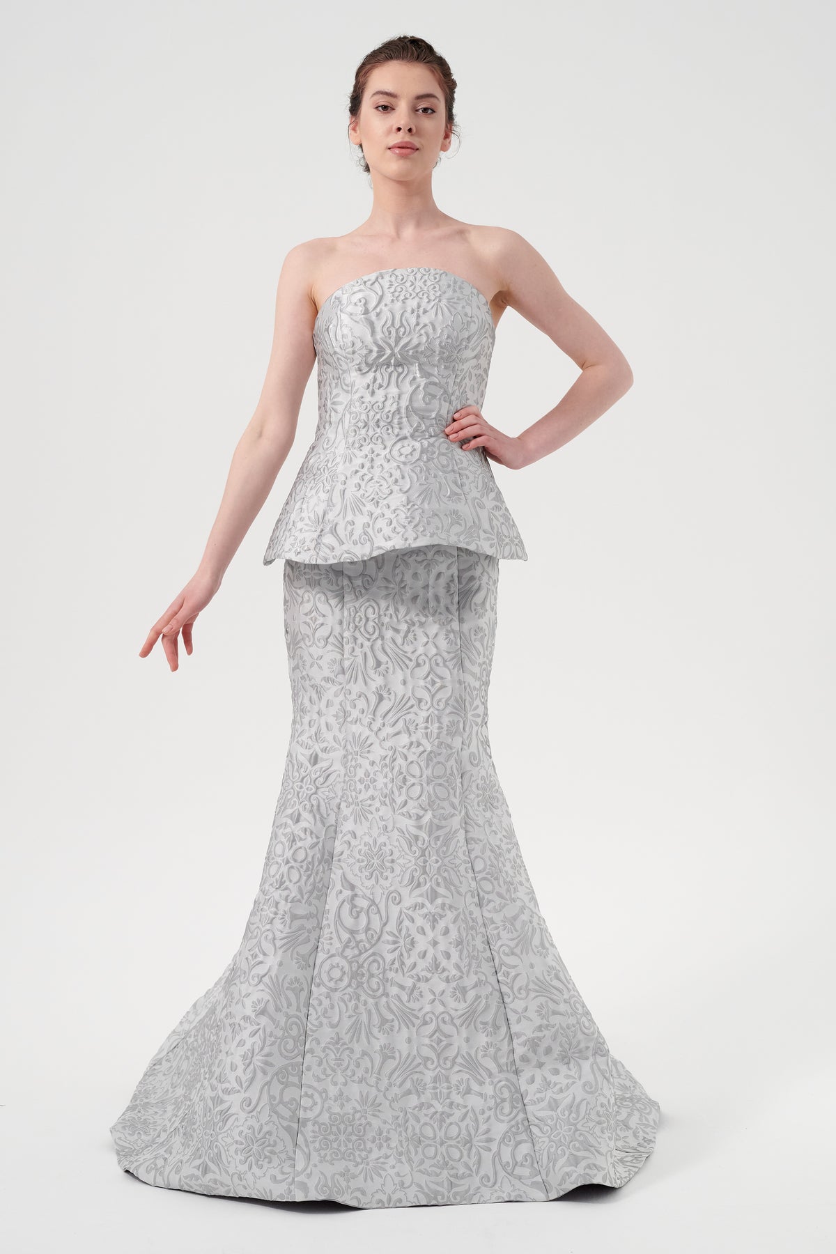 Peplum Detail Jacquard Long Strapless Gown John Paul Ataker Peplum Detail Jacquard Long Strapless Gown John Paul Ataker