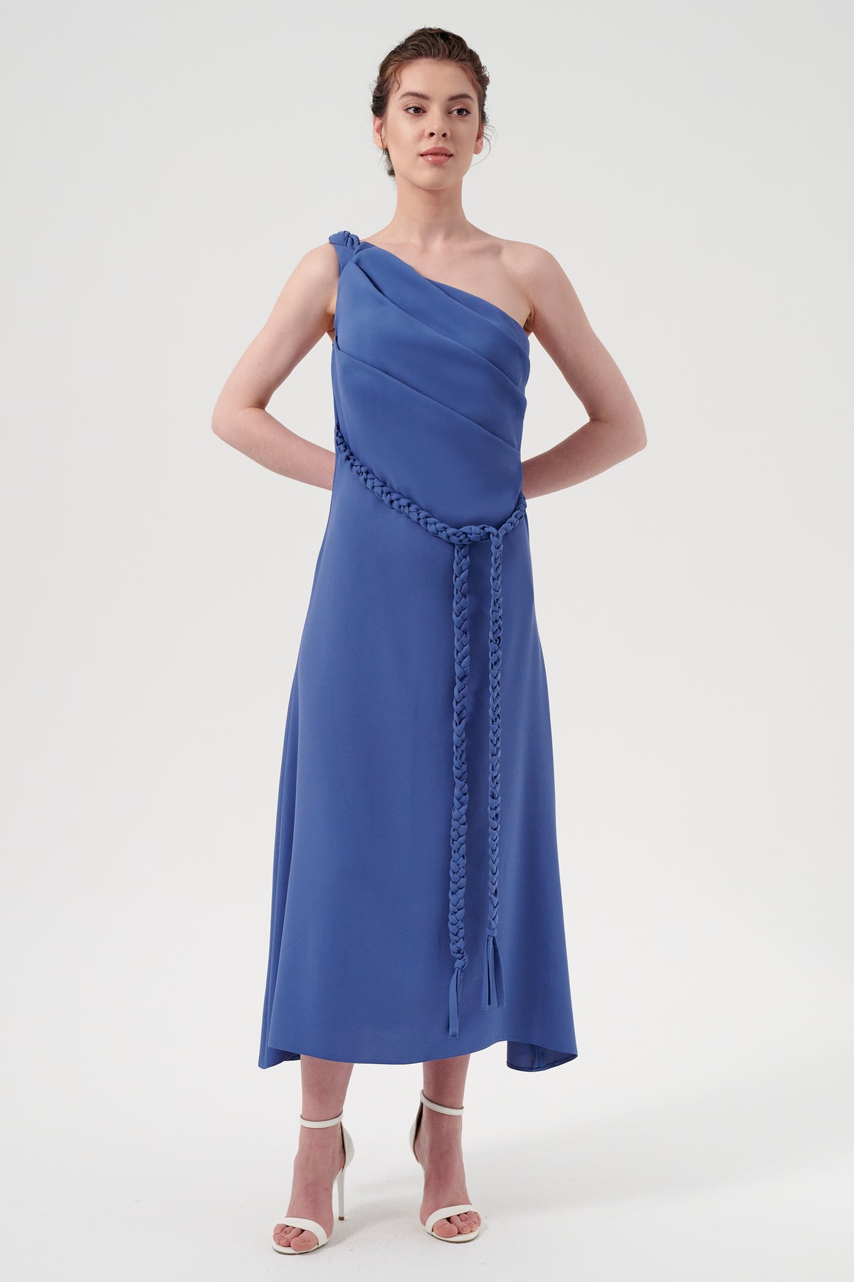 Plated Bodice With Braided Tie Detail One Sleeve Midi Dress John Paul Ataker Plated Bodice With Braided Tie Detail One Sleeve Midi Dress John Paul Ataker