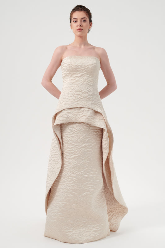 Layered Peplum Detail Strapless A-Line Long Jacquard Dress