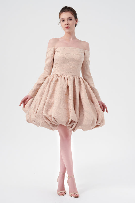 Off-The-Shoulder, Long Sleeve, Balloon Skirt  Mini Jacquard Dress