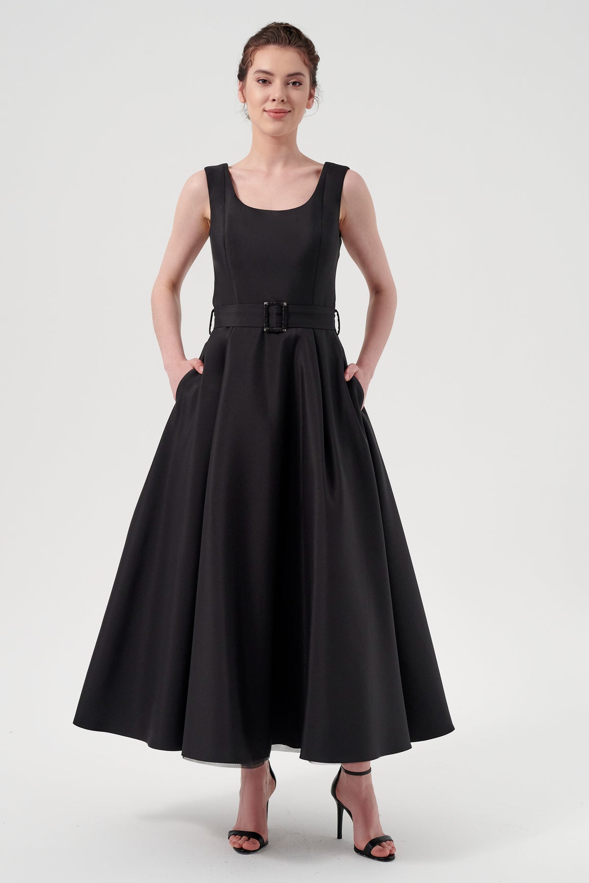 Scoop Neck Self-Belted Fluffy Midi Length Gown