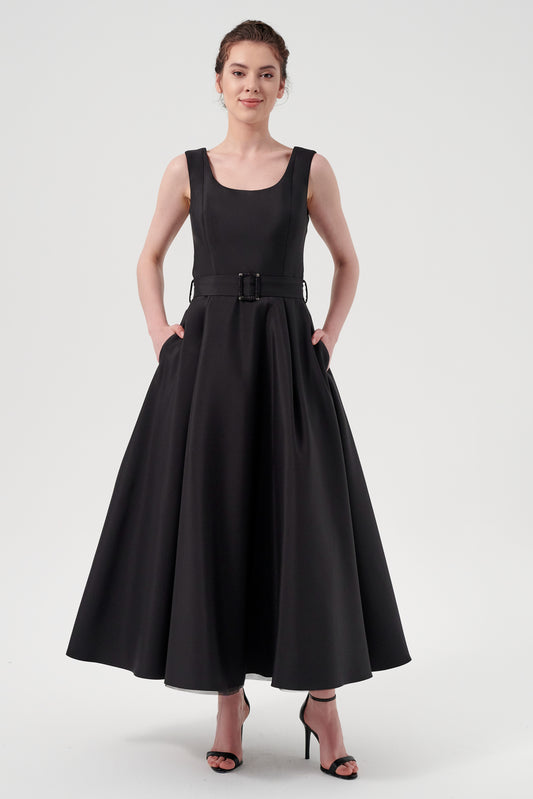 Scoop Neck Self-Belted Fluffy Midi Length Gown