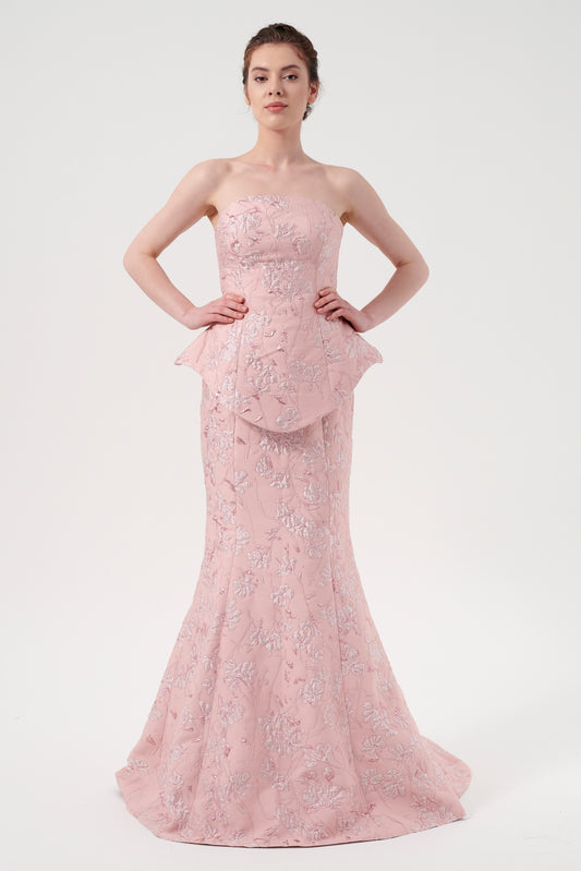 Peplum Detail Floor-Length Strapless Floral Jacquard Gown
