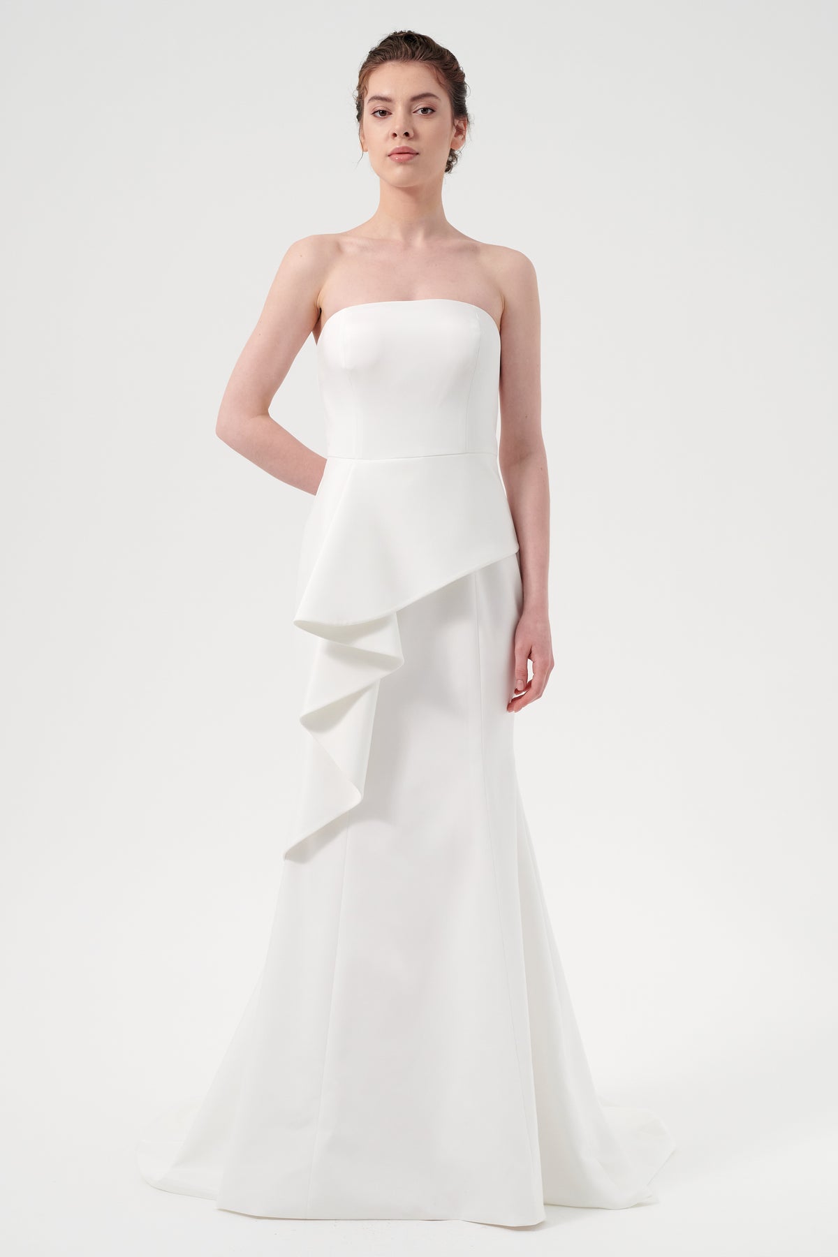 The Strapless, Fluid Asymmetric Peplum Bodice, Fit And Flare Long Dress
