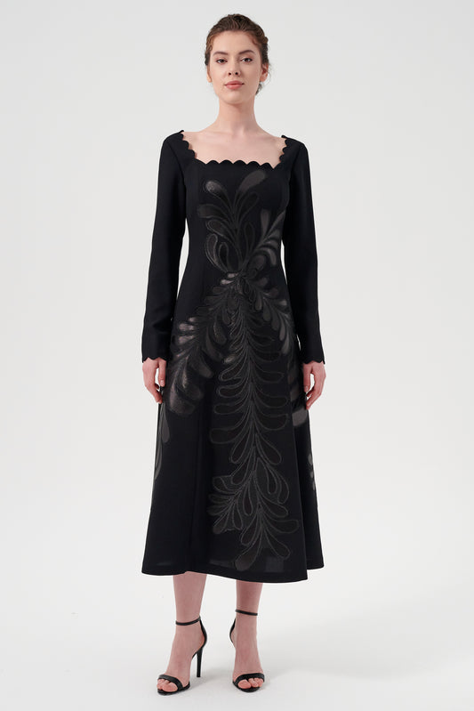 The Square-Neck Long-Sleeve Scroll-Embroidered Tea-Length Soft Woven Dress