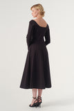 The Square-Neck Long-Sleeve Scroll Tea-Length Soft Woven Dress
