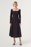 The Square-Neck Long-Sleeve Scroll Tea-Length Soft Woven Dress