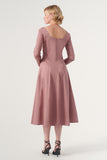 The Square-Neck Long-Sleeve Scroll Tea-Length Soft Woven Dress