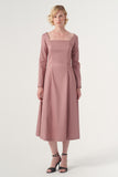 The Square-Neck Long-Sleeve Scroll Tea-Length Soft Woven Dress