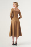 The Square-Neck Long-Sleeve Scroll Tea-Length Soft Woven Dress