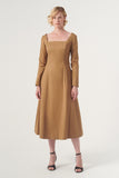 The Square-Neck Long-Sleeve Scroll Tea-Length Soft Woven Dress