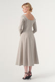 The Square-Neck Long-Sleeve Scroll Tea-Length Soft Woven Dress