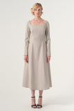 The Square-Neck Long-Sleeve Scroll Tea-Length Soft Woven Dress