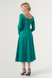 The Square-Neck Long-Sleeve Scroll Tea-Length Soft Woven Dress