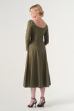 The Square-Neck Long-Sleeve Scroll Tea-Length Soft Woven Dress