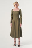 The Square-Neck Long-Sleeve Scroll Tea-Length Soft Woven Dress