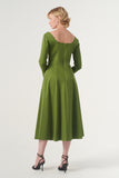 The Square-Neck Long-Sleeve Scroll Tea-Length Soft Woven Dress