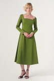 The Square-Neck Long-Sleeve Scroll Tea-Length Soft Woven Dress