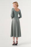 The Square-Neck Long-Sleeve Scroll Tea-Length Soft Woven Dress