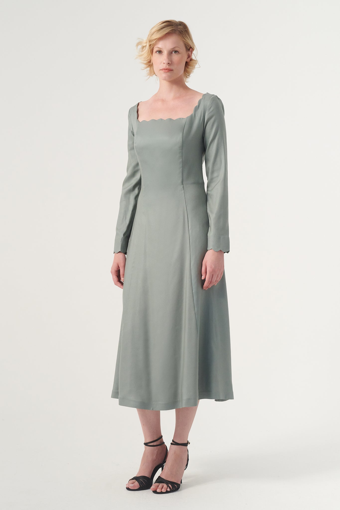 long sleeve woven dress The Square-Neck Long-Sleeve Scroll Tea-Length Soft Woven Dress John Paul Ataker